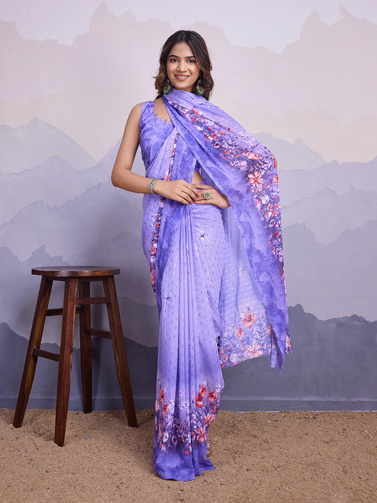 Purple Poly Chiffon Saree With Blouse Piece