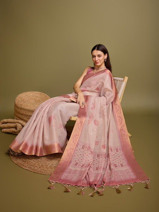 Pink Silk Blend Saree With Blouse Piece