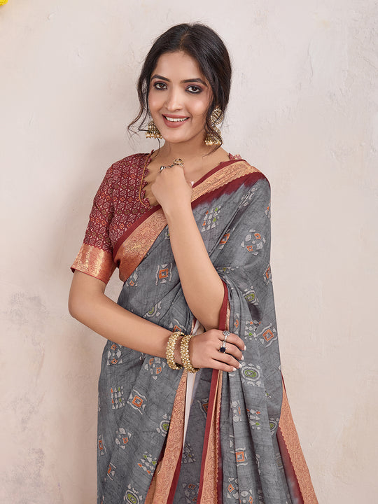 Grey Poly Crepe Festive Wear Saree With Blouse Piece