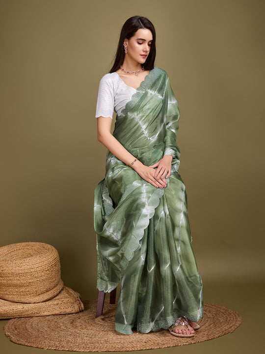 Green Organza Party Wear Saree With Blouse Piece