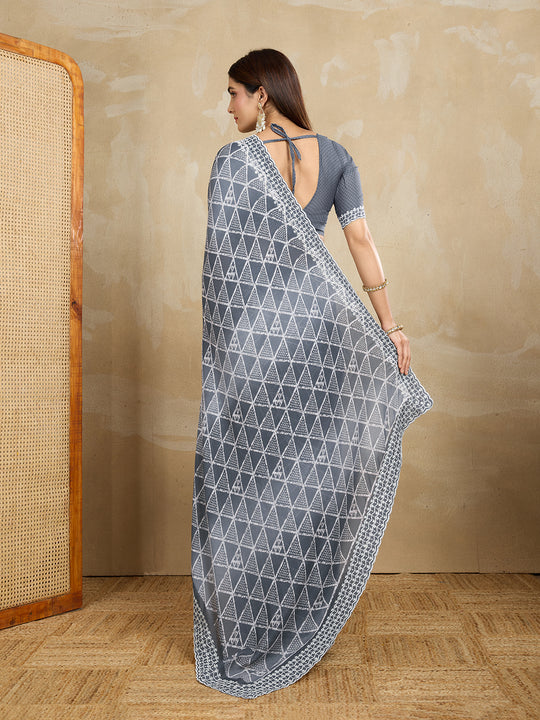 Poly Georgette Geometric Printed Saree With Embroidered Border And Blouse Piece
