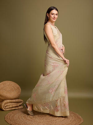 Yellow Tissue Saree With Blouse Piece