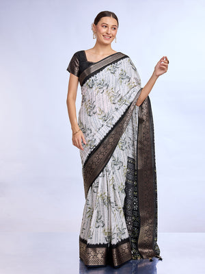 White & Black Dola Silk Saree With Blouse Piece