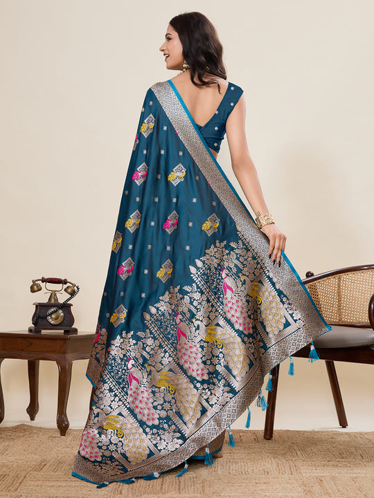 Teal Blue Soft Silk Sarees Premium Two Tone Satin Fabric With Unique Pathani Type Designs Saree With Blouse Piece