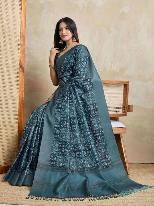 Blue Pure Handloom Tussar Woven Pallu Ajrakh Printed With Blouse Piece