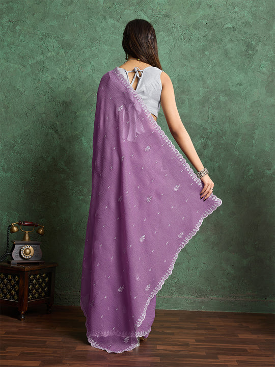 Pure Georgette Solid Embroidered Saree With Scalloping And Fancy Blouse