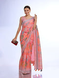 Peach Linen Blend Saree With Blouse Piece