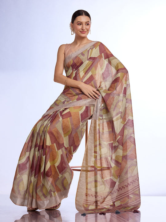 Brown Linen Blend Saree With Blouse Piece