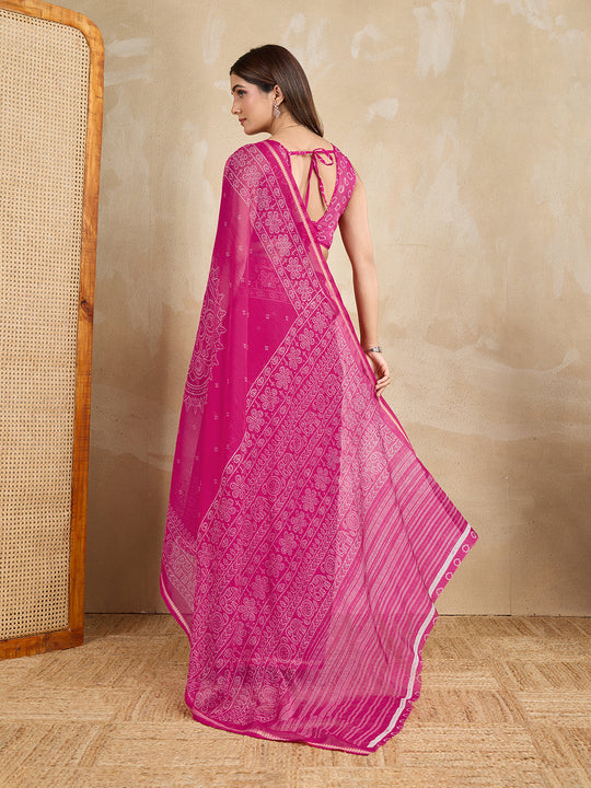 Pure Chiffon Bandhani Printed Saree With Viscose Woven Border And Blouse Piece