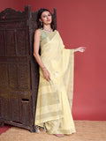 Yellow Linen Blend Saree With Blouse Piece