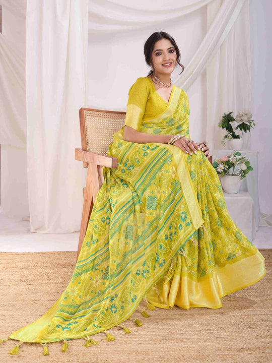 Green Pure Chiffon Viscose Border Block Printed Saree With Blouse Piece