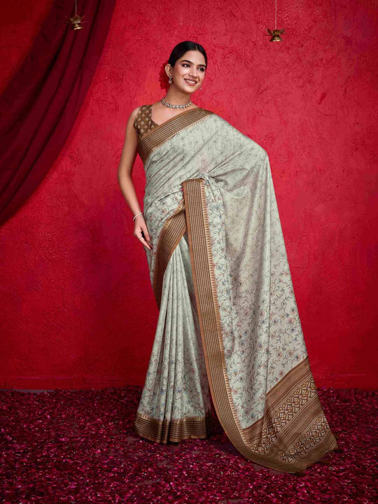 Green Pure Tussar Viscose Border Paisley Digital Printed  With Blouse Piece