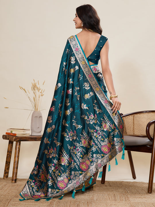 Teal Green Soft Silk Sarees Premium Two Tone Satin Fabric With Unique Pathani Type Designs Saree With Blouse Piece