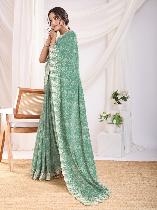 Sea Green Poly Georgette Festive Wear Saree With Blouse Piece