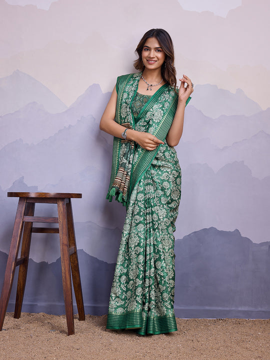 Teal Poly Silk Festival Saree With Blouse Piece