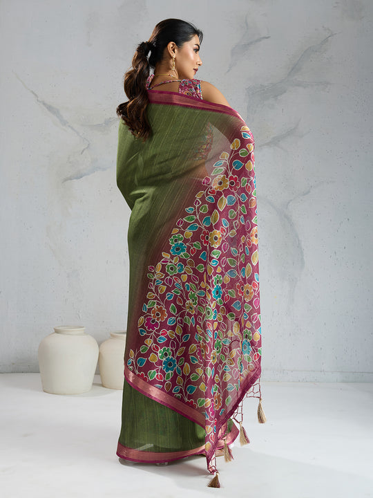 Pure Chiffon Digital Printed Woven Saree With Woven Border And Fancy Tassels