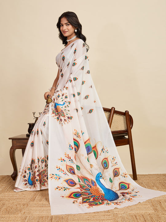 Soft Cream Chinon Saree All Over Single Colour Printed Saree With Blouse Piece