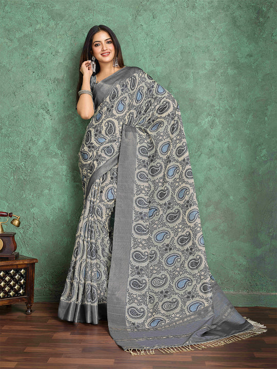 Offwhite Pure Handloom Tussar Woven Pallu Ajrakh Printed With Blouse Piece