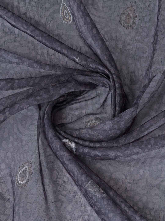 Grey Cotton Banarasi Printed Saree With Thread Embroidery Scalloping  Saree With Blouse Piece