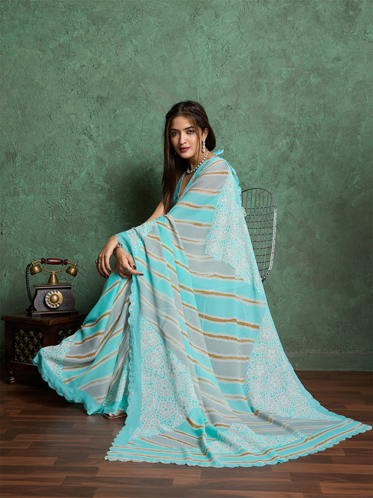 Poly Chiffon Leheriya Printed Saree With A Floral Touch And Swaroski Work With Scalloping