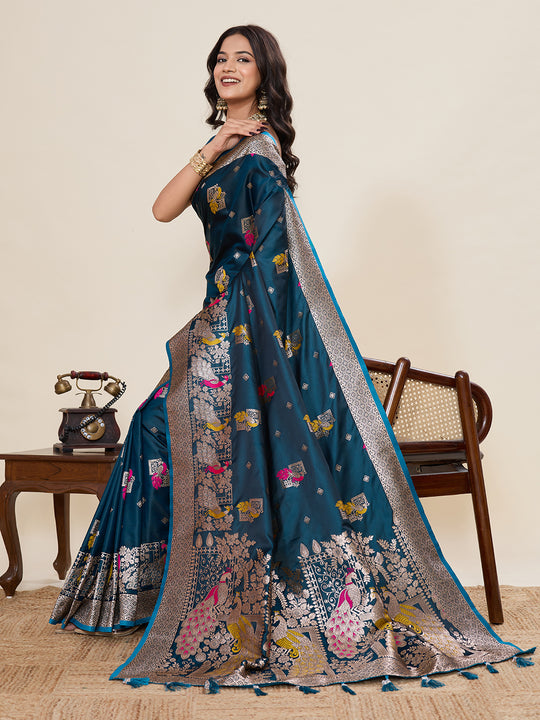Teal Blue Soft Silk Sarees Premium Two Tone Satin Fabric With Unique Pathani Type Designs Saree With Blouse Piece