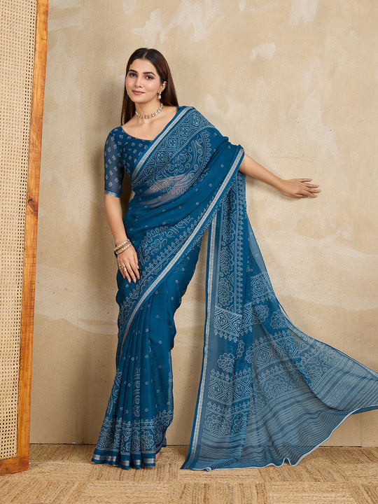 Pure Chiffon Bandhani Printed Saree With Viscose Woven Border And Blouse Piece