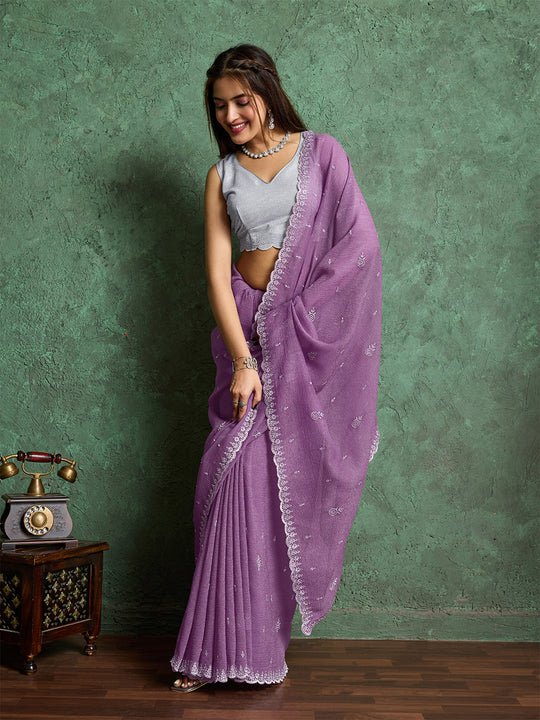 Pure Georgette Solid Embroidered Saree With Scalloping And Fancy Blouse
