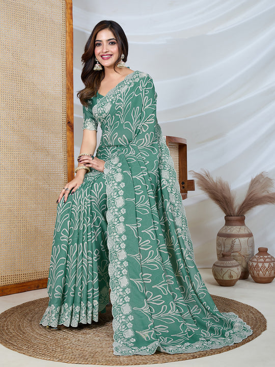 Poly Georgette Geometric Print Saree With Embroidery And Scaloping Work With Unstitched Blouse Piece