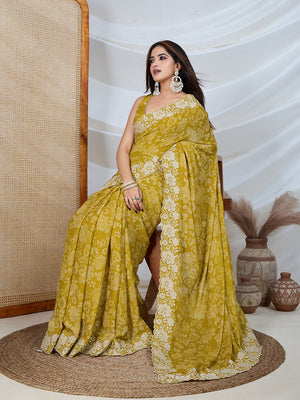 Poly Georgette Geometric Print Saree With Embroidery And Scaloping Work With Unstitched Blouse Piece