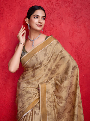 Beige Poly Silk Festival Saree With Blouse Piece
