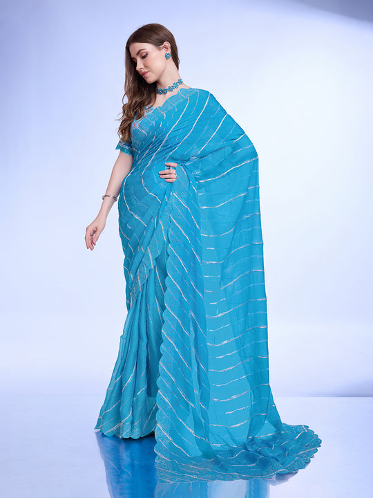 Blue Poly Chiffon Festival Saree With Blouse Piece
