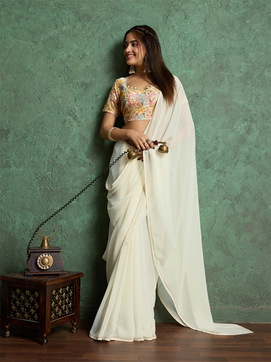 Poly Chiffon Dyed Saree With Heavy Embroidered Blouse Piece