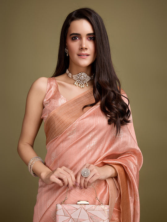 Orange Silk Blend Saree With Blouse Piece