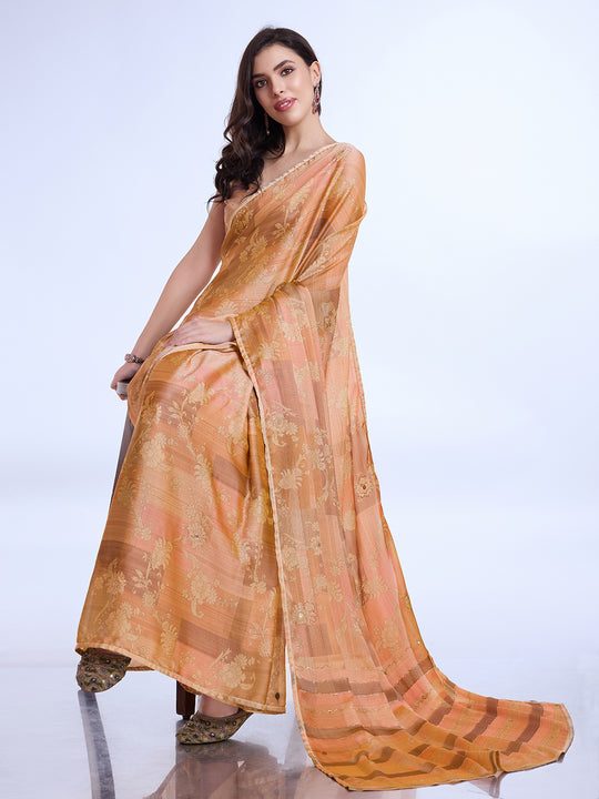 Orange Poly Chiffon Festive Wear Saree With Blouse Piecde