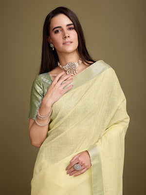 Yellow Linen Blend Daily Wear Saree With Blouse Piece
