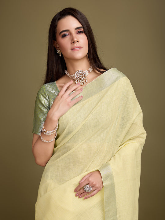 Yellow Linen Blend Daily Wear Saree With Blouse Piece