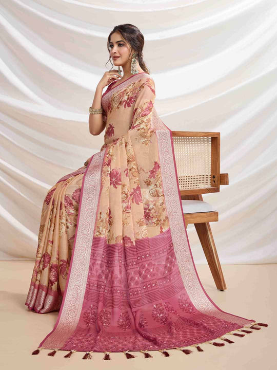 Peach Silk Chiffon Viscose Border Floral Printed Saree Saree With Blouse Piece