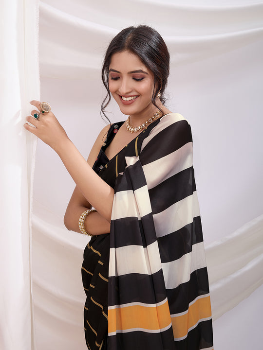 Black Satin Ready To Wear Saree With Blouse Piece