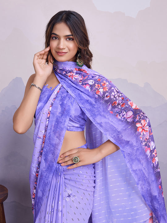 Purple Poly Chiffon Saree With Blouse Piece