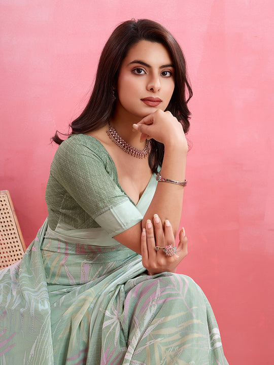 Light Green Silk Georgette Festive Wear Saree With Blouse Piece