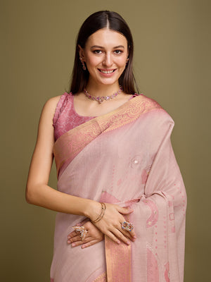 Pink Silk Blend Saree With Blouse Piece