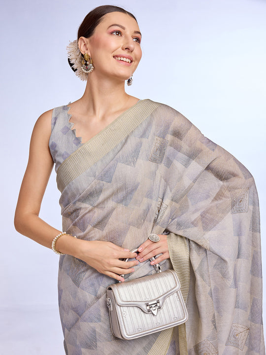 Grey Tissue Linen Blend Saree With Blouse Piece