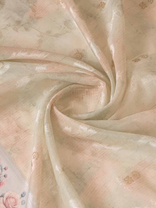 Grey Pure Cotton Lucknowi Woven Banarasi Saree With Ombre Floral Prints