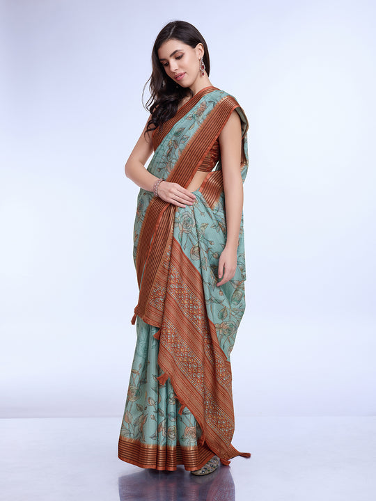 Teal Poly Silk Daily Wear Saree With Blouse Piece