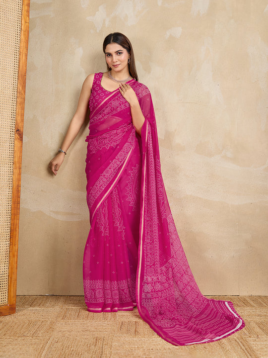 Pure Chiffon Bandhani Printed Saree With Viscose Woven Border And Blouse Piece