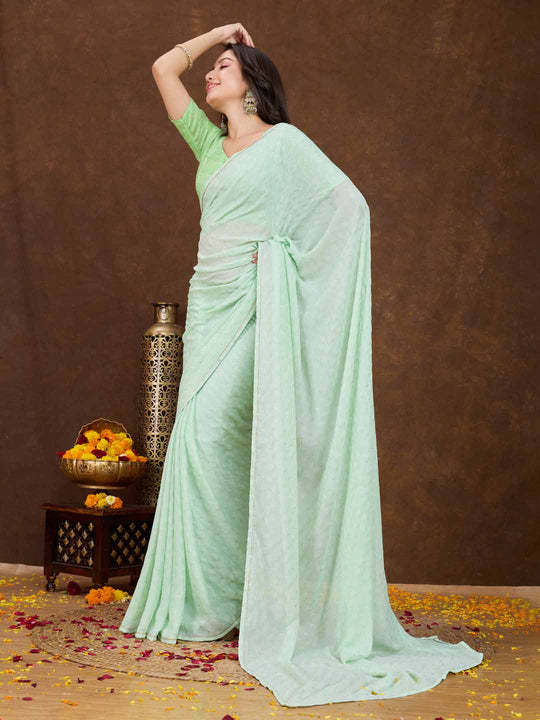 Mintgreen Crepe Georgette Gold Foil Embellished Printed Saree With Blouse Piece