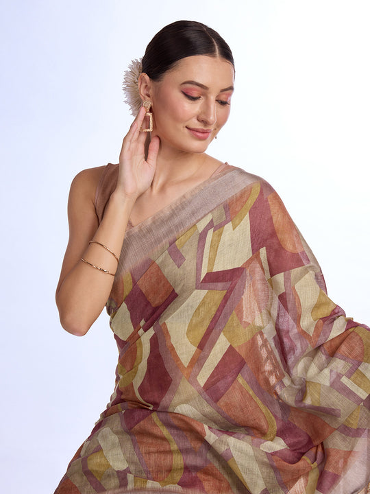 Brown Linen Blend Saree With Blouse Piece