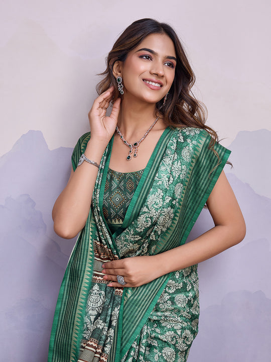 Teal Poly Silk Festival Saree With Blouse Piece