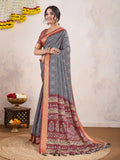 Grey Poly Crepe Festive Wear Saree With Blouse Piece