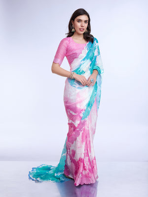 Blue Poly Chiffon Festival Saree With Blouse Piece